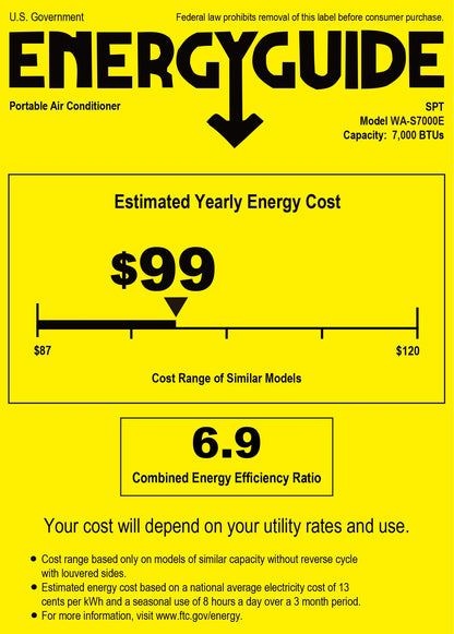WA-S7000E: 10,000 BTU Portable Air Conditioner – Cooling Only (SACC*: 7,000BTU)
